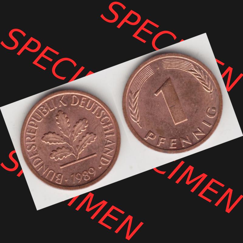 BRD Münze aus Deutschland 1950-2001, 1 Pfennig / 1 Pf. 1989 J - Vollansicht I.. Bild der Vorderseite und Rückseite einer 1 Pfennig Münze der Bundesrepublik... Sammlung