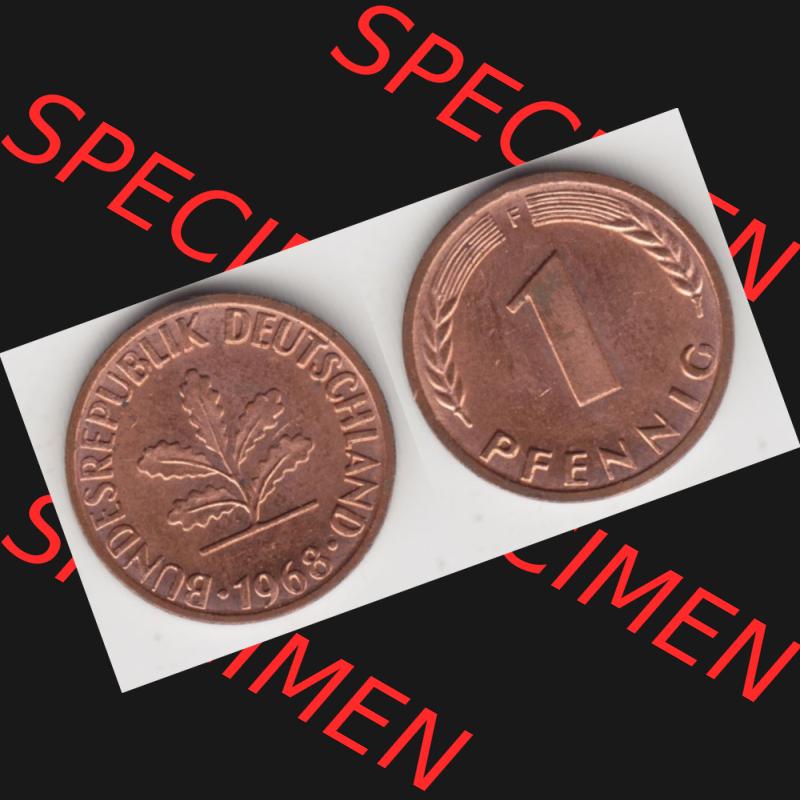 BRD Münze aus Deutschland 1950-2001, 1 Pfennig / 1 Pf. 1968 F - Vollansicht I.. Bild der Vorderseite und Rückseite einer 1 Pfennig Münze der Bundesrepublik... Sammlung