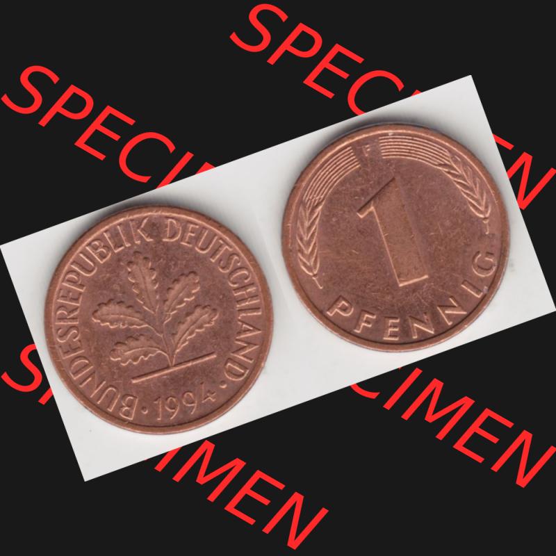BRD Münze aus Deutschland 1950-2001, 1 Pfennig / 1 Pf. 1994 F - Vollansicht I.. Bild der Vorderseite und Rückseite einer 1 Pfennig Münze der Bundesrepublik... Sammlung