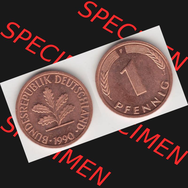 BRD Münze aus Deutschland 1950-2001, 1 Pfennig / 1 Pf. 1990 F - Vollansicht I.. Bild der Vorderseite und Rückseite einer 1 Pfennig Münze der Bundesrepublik... Sammlung