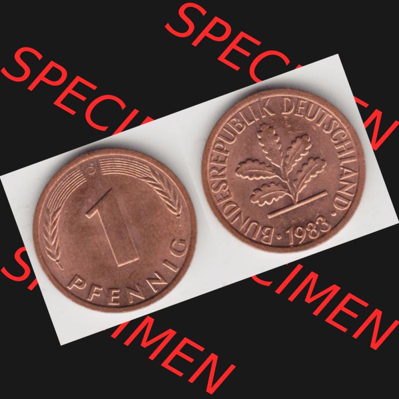 BRD Münze aus Deutschland 1950-2001, 1 Pfennig / 1 Pf. 1983 D - Vollansicht II.. Bild der Vorderseite und Rückseite einer 1 Pfennig Münze der Bundesrepublik... Sammlung