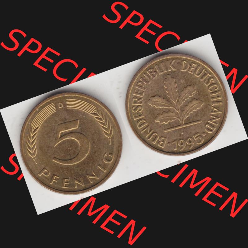 BRD Münze aus Deutschland 1950-2001, 5 Pfennig / 5 Pf. 1995 D - Vollansicht II. als Bildmaterial innerhalb vom online Katalog und online Datenbank für Münzen der... Sammlung