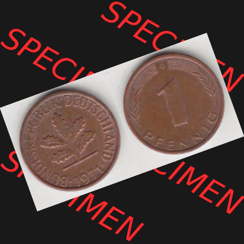BRD Münze aus Deutschland 1950-2001, 1 Pfennig / 1 Pf. 1971 G - Vollansicht I.. Bild der Vorderseite und Rückseite einer 1 Pfennig Münze der Bundesrepublik... Sammlung