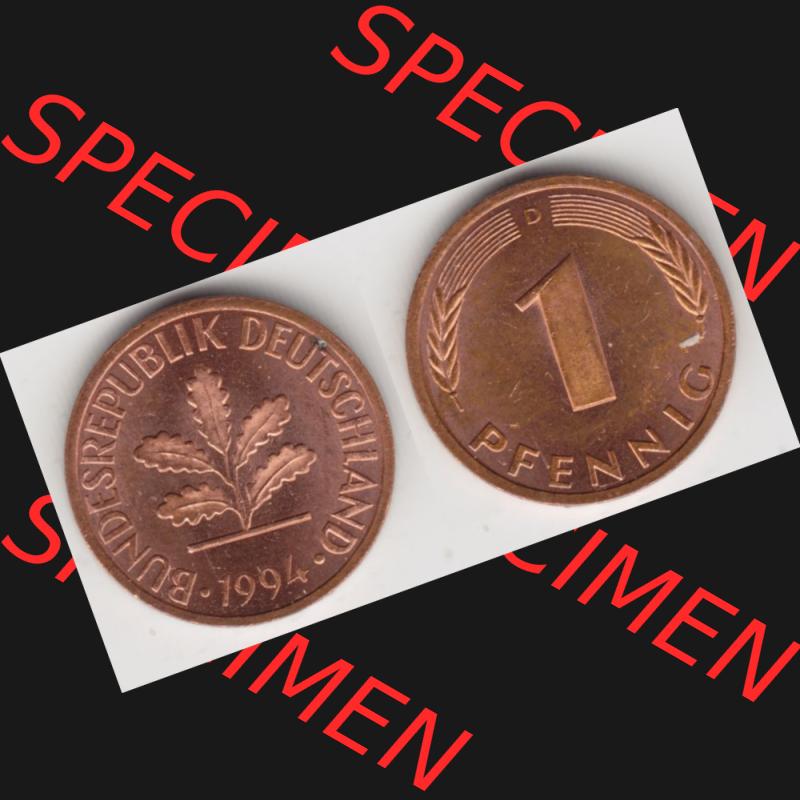 BRD Münze aus Deutschland 1950-2001, 1 Pfennig / 1 Pf. 1994 D - Vollansicht I.. Bild der Vorderseite und Rückseite einer 1 Pfennig Münze der Bundesrepublik... Sammlung
