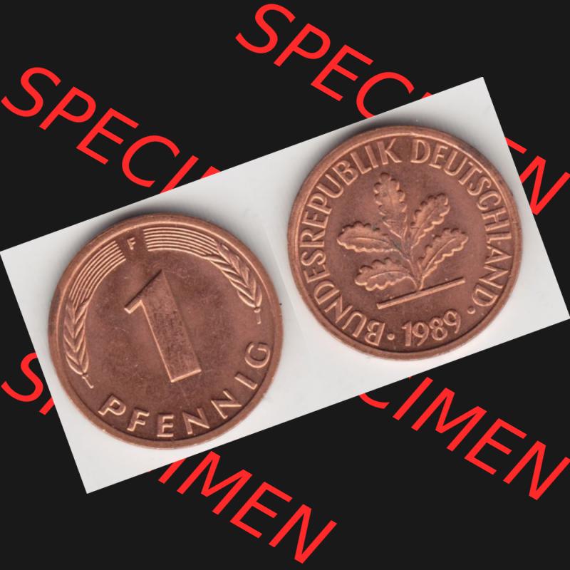 BRD Münze aus Deutschland 1950-2001, 1 Pfennig / 1 Pf. 1989 F - Vollansicht II.. Bild der Vorderseite und Rückseite einer 1 Pfennig Münze der Bundesrepublik... Sammlung