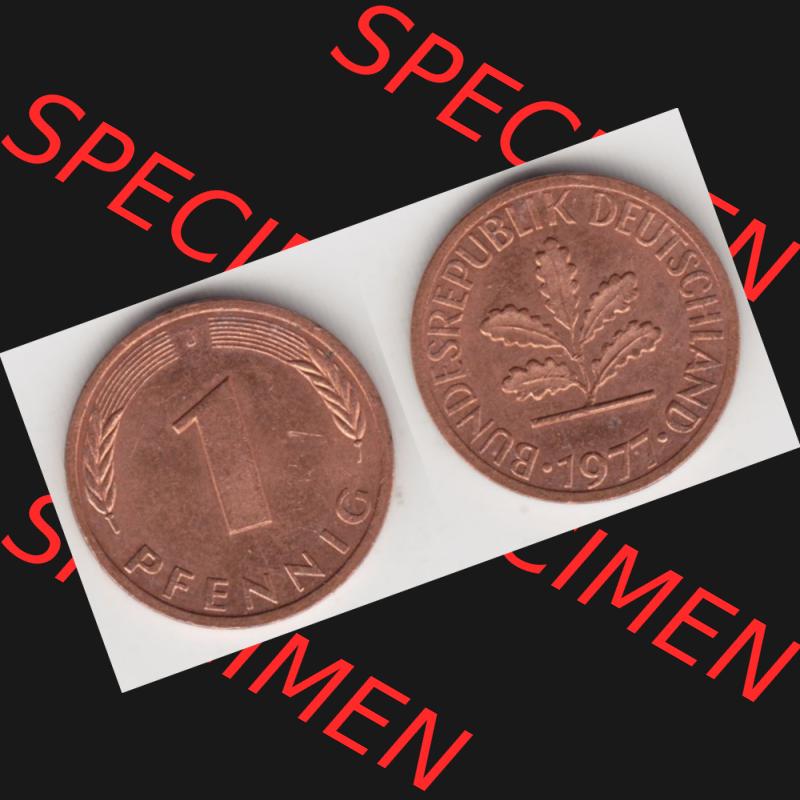 BRD Münze aus Deutschland 1950-2001, 1 Pfennig / 1 Pf. 1977 J - Vollansicht II.. Bild der Vorderseite und Rückseite einer 1 Pfennig Münze der Bundesrepublik... Sammlung