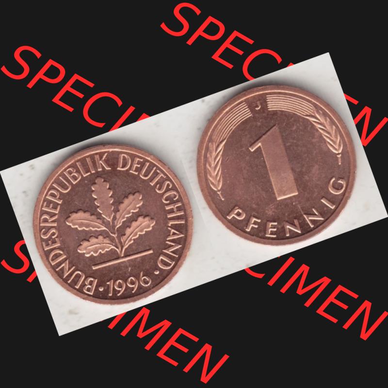 BRD Münze aus Deutschland 1950-2001, 1 Pfennig / 1 Pf. 1996 J - Vollansicht I.. Bild der Vorderseite und Rückseite einer 1 Pfennig Münze der Bundesrepublik... Sammlung