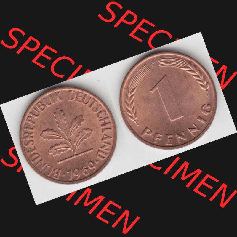 BRD Münze aus Deutschland 1950-2001, 1 Pfennig / 1 Pf. 1969 D - Vollansicht I.. Bild der Vorderseite und Rückseite einer 1 Pfennig Münze der Bundesrepublik... Sammlung
