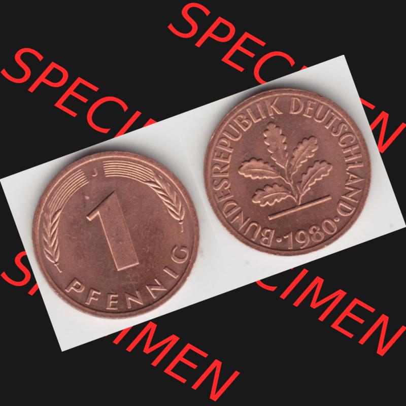 BRD Münze aus Deutschland 1950-2001, 1 Pfennig / 1 Pf. 1980 J - Vollansicht II.. Bild der Vorderseite und Rückseite einer 1 Pfennig Münze der Bundesrepublik... Sammlung