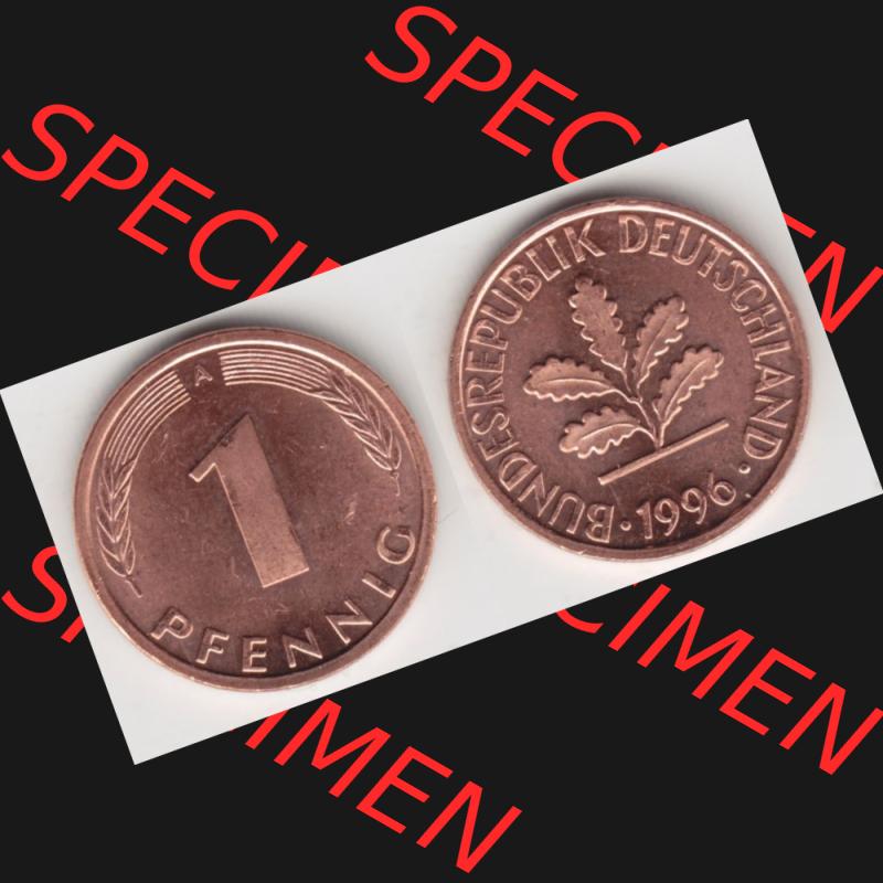 BRD Münze aus Deutschland 1991-2001, 1 Pfennig / 1 Pf. 1996 A - Vollansicht II.. Bild der Vorderseite und Rückseite einer 1 Pfennig Münze der Bundesrepublik... Sammlung