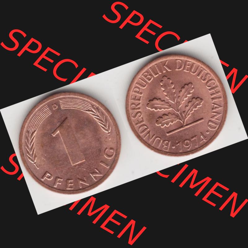 BRD Münze aus Deutschland 1950-2001, 1 Pfennig / 1 Pf. 1974 D - Vollansicht II.. Bild der Vorderseite und Rückseite einer 1 Pfennig Münze der Bundesrepublik... Sammlung