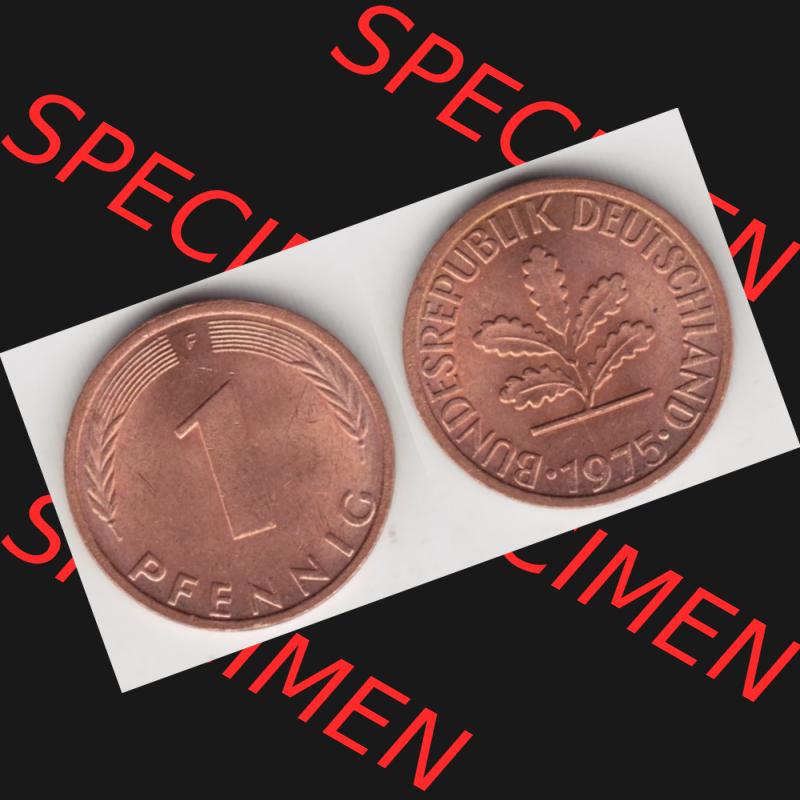 BRD Münze aus Deutschland 1950-2001, 1 Pfennig / 1 Pf. 1975 F - Vollansicht II.. Bild der Vorderseite und Rückseite einer 1 Pfennig Münze der Bundesrepublik... Sammlung