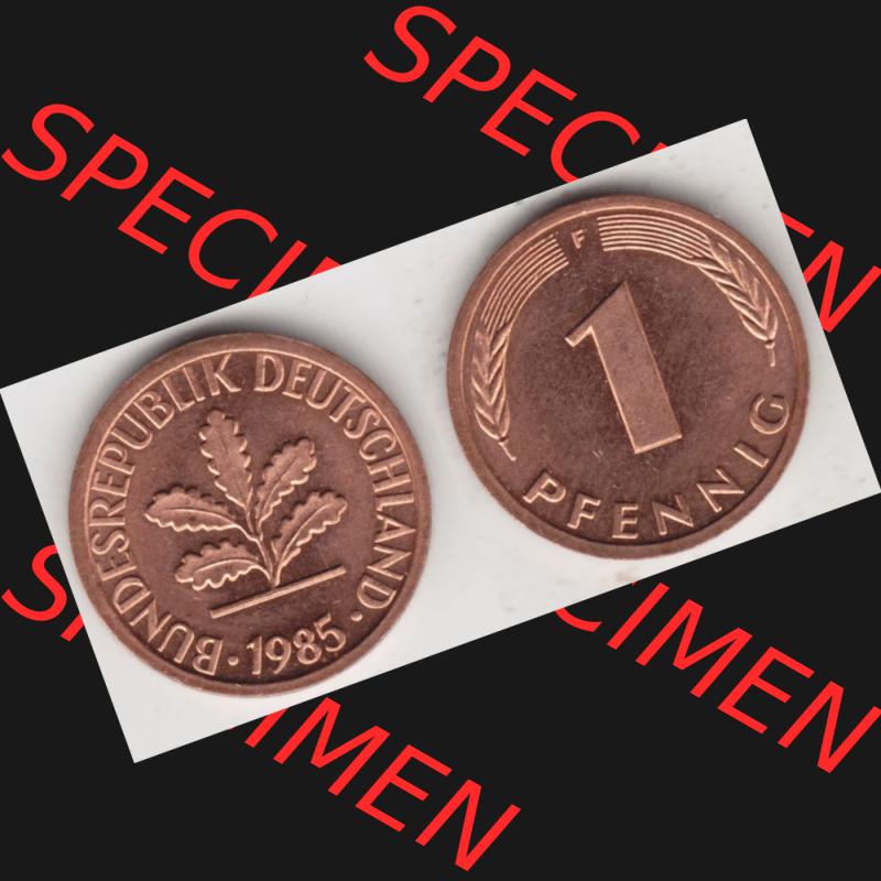 BRD Münze aus Deutschland 1950-2001, 1 Pfennig / 1 Pf. 1985 F - Vollansicht I.. Bild der Vorderseite und Rückseite einer 1 Pfennig Münze der Bundesrepublik... Sammlung
