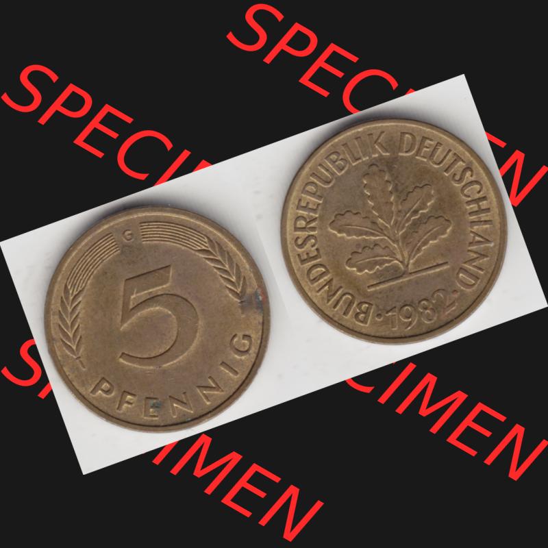 BRD Münze aus Deutschland 1950-2001, 5 Pfennig / 5 Pf. 1982 G - Vollansicht II. als Bildmaterial innerhalb vom online Katalog und online Datenbank für Münzen der... Sammlung