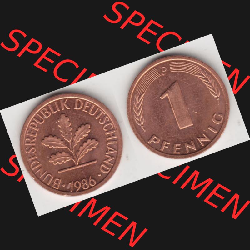 BRD Münze aus Deutschland 1950-2001, 1 Pfennig / 1 Pf. 1986 D - Vollansicht I.. Bild der Vorderseite und Rückseite einer 1 Pfennig Münze der Bundesrepublik... Sammlung