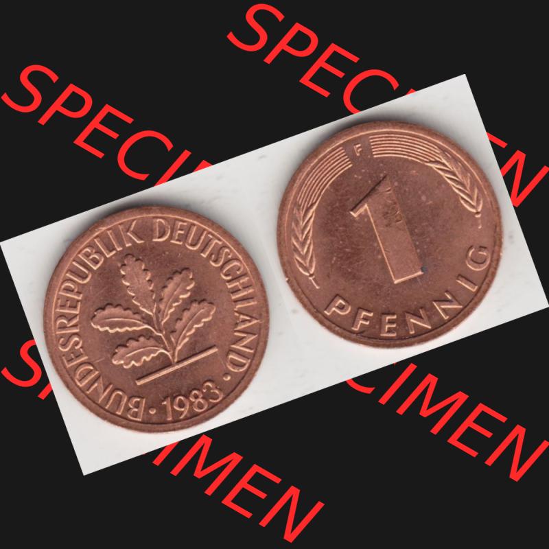 BRD Münze aus Deutschland 1950-2001, 1 Pfennig / 1 Pf. 1983 F - Vollansicht I.. Bild der Vorderseite und Rückseite einer 1 Pfennig Münze der Bundesrepublik... Sammlung