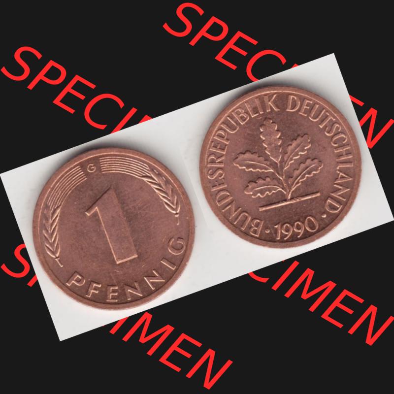 BRD Münze aus Deutschland 1950-2001, 1 Pfennig / 1 Pf. 1990 G - Vollansicht II.. Bild der Vorderseite und Rückseite einer 1 Pfennig Münze der Bundesrepublik... Sammlung