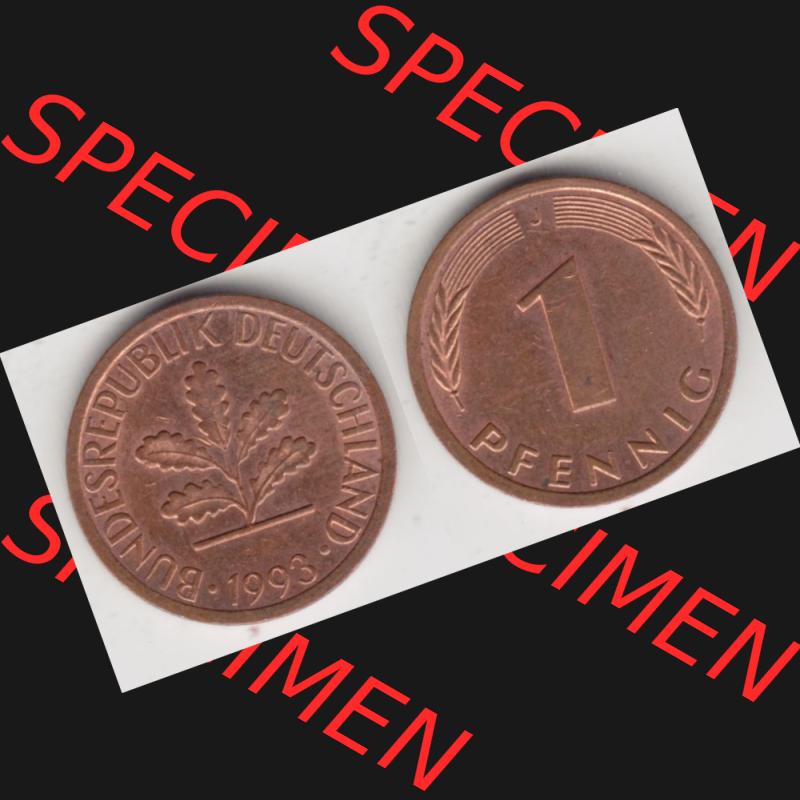 BRD Münze aus Deutschland 1950-2001, 1 Pfennig / 1 Pf. 1993 J - Vollansicht I.. Bild der Vorderseite und Rückseite einer 1 Pfennig Münze der Bundesrepublik... Sammlung