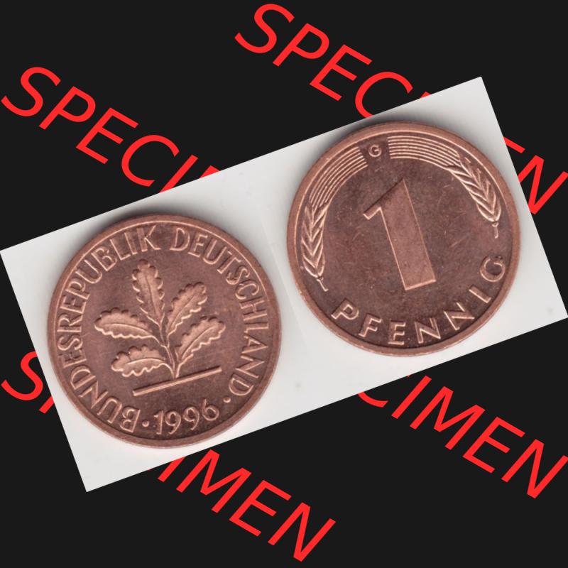 BRD Münze aus Deutschland 1950-2001, 1 Pfennig / 1 Pf. 1996 G - Vollansicht I.. Bild der Vorderseite und Rückseite einer 1 Pfennig Münze der Bundesrepublik... Sammlung