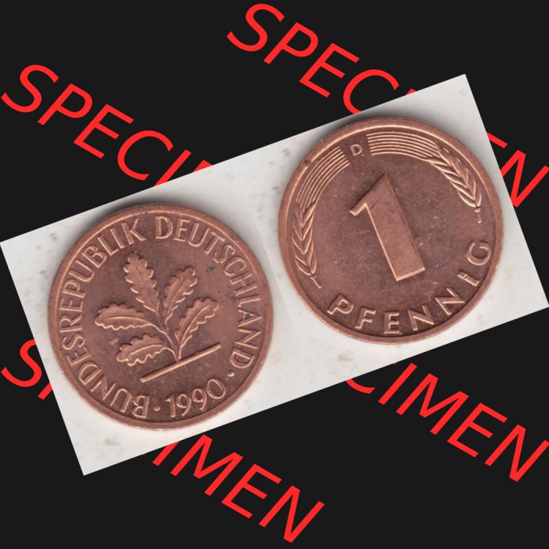 BRD Münze aus Deutschland 1950-2001, 1 Pfennig / 1 Pf. 1990 D - Vollansicht I.. Bild der Vorderseite und Rückseite einer 1 Pfennig Münze der Bundesrepublik... Sammlung