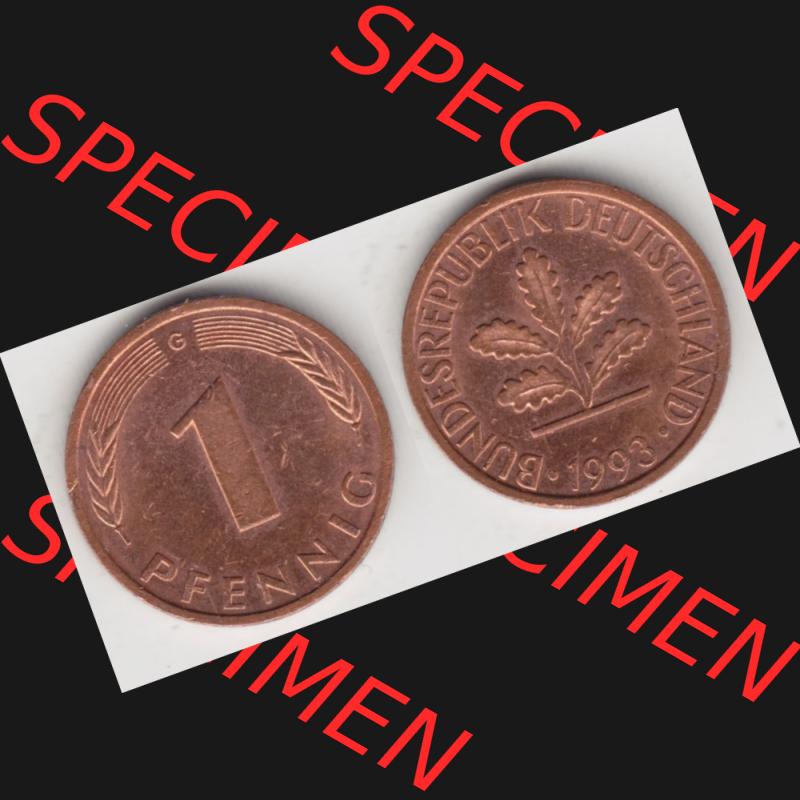 BRD Münze aus Deutschland 1950-2001, 1 Pfennig / 1 Pf. 1993 G - Vollansicht II.. Bild der Vorderseite und Rückseite einer 1 Pfennig Münze der Bundesrepublik... Sammlung