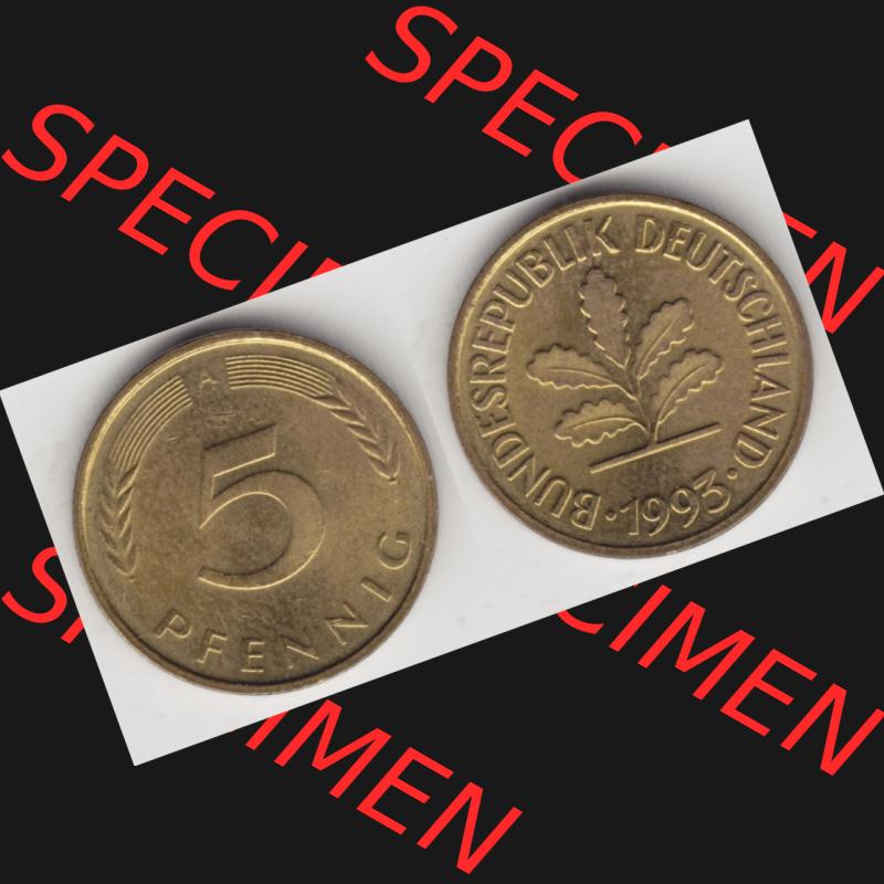 BRD Münze aus Deutschland 1950-2001, 5 Pfennig / 5 Pf. 1993 A - Vollansicht II. als Bildmaterial innerhalb vom online Katalog und online Datenbank für Münzen der... Sammlung