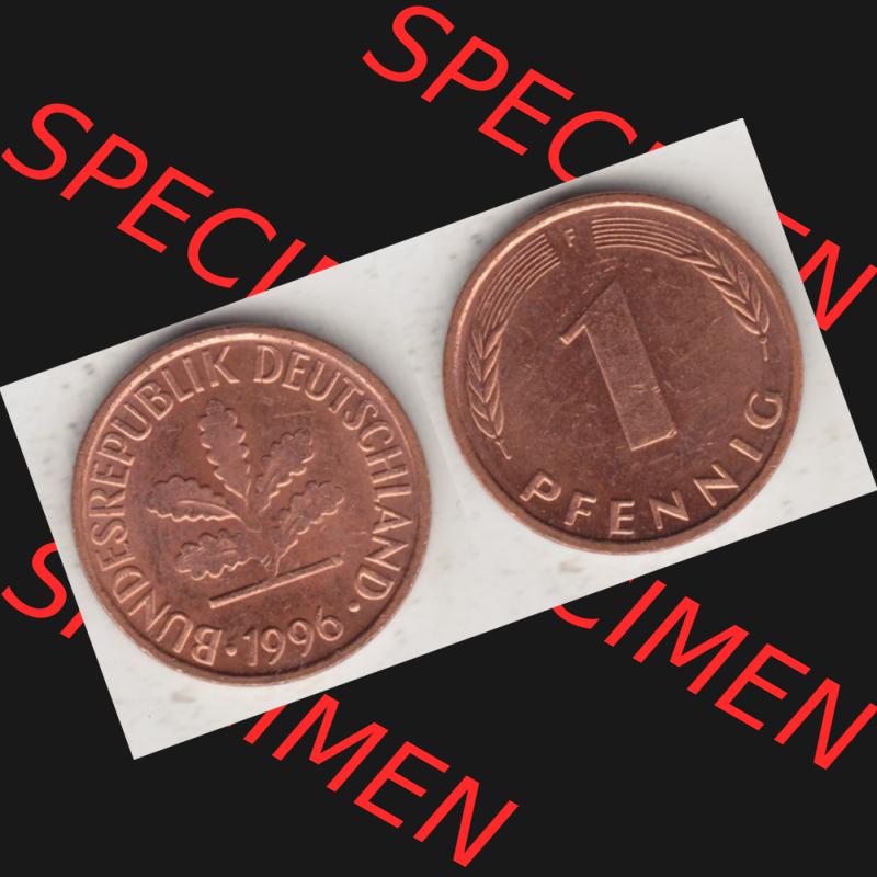 BRD Münze aus Deutschland 1950-2001, 1 Pfennig / 1 Pf. 1996 F - Vollansicht I.. Bild der Vorderseite und Rückseite einer 1 Pfennig Münze der Bundesrepublik... Sammlung