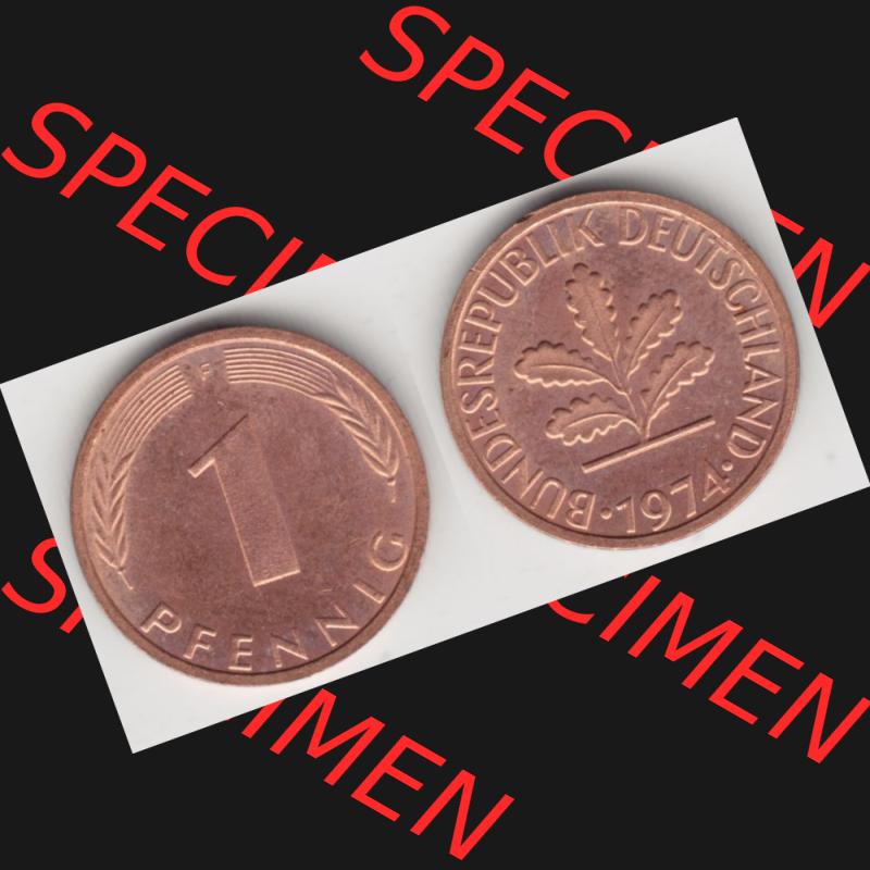 BRD Münze aus Deutschland 1950-2001, 1 Pfennig / 1 Pf. 1974 F - Vollansicht II.. Bild der Vorderseite und Rückseite einer 1 Pfennig Münze der Bundesrepublik... Sammlung