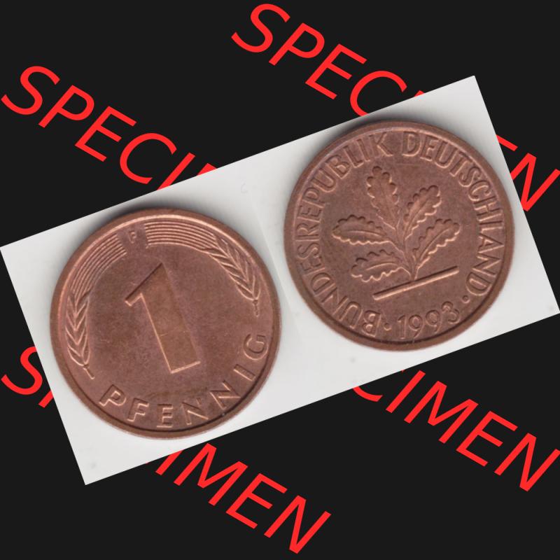 BRD Münze aus Deutschland 1950-2001, 1 Pfennig / 1 Pf. 1993 F - Vollansicht II.. Bild der Vorderseite und Rückseite einer 1 Pfennig Münze der Bundesrepublik... Sammlung