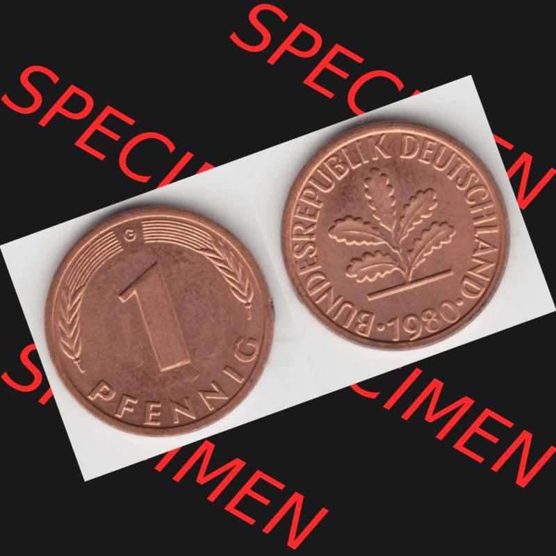 BRD Münze aus Deutschland 1950-2001, 1 Pfennig / 1 Pf. 1980 G - Vollansicht II.. Bild der Vorderseite und Rückseite einer 1 Pfennig Münze der Bundesrepublik... Sammlung