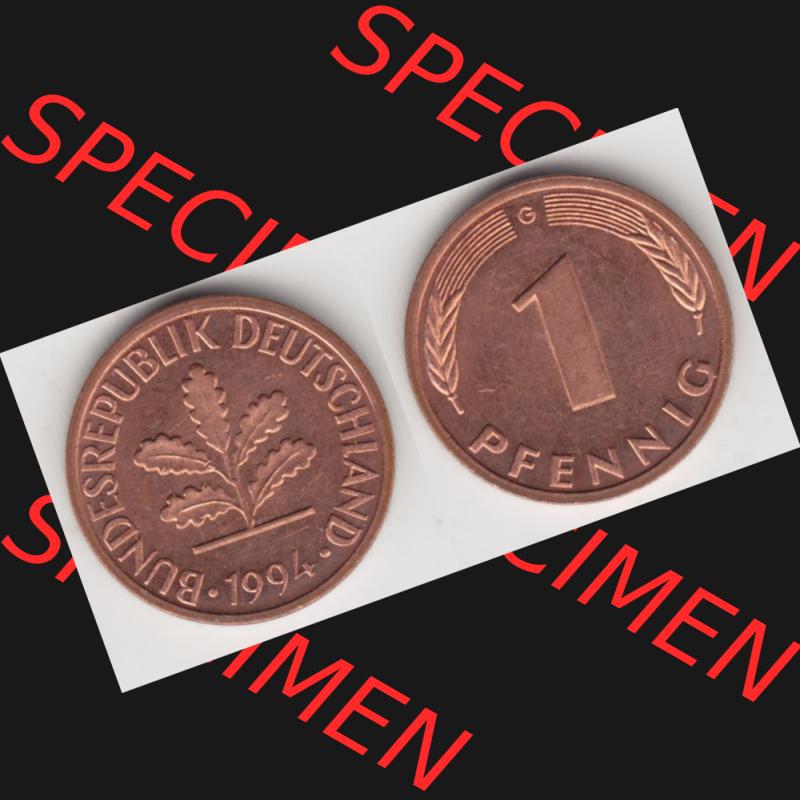 BRD Münze aus Deutschland 1950-2001, 1 Pfennig / 1 Pf. 1994 G - Vollansicht I.. Bild der Vorderseite und Rückseite einer 1 Pfennig Münze der Bundesrepublik... Sammlung