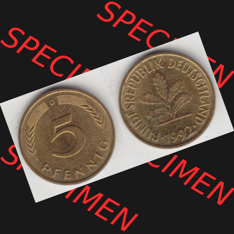 BRD Münze aus Deutschland 1950-2001, 5 Pfennig / 5 Pf. 1992 D - Vollansicht II. als Bildmaterial innerhalb vom online Katalog und online Datenbank für Münzen der... Sammlung