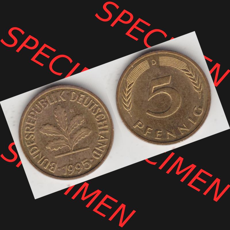 BRD Münze aus Deutschland 1950-2001, 5 Pfennig / 5 Pf. 1995 D - Vollansicht I. als Bildmaterial innerhalb vom online Katalog und online Datenbank für Münzen der BRD... Sammlung