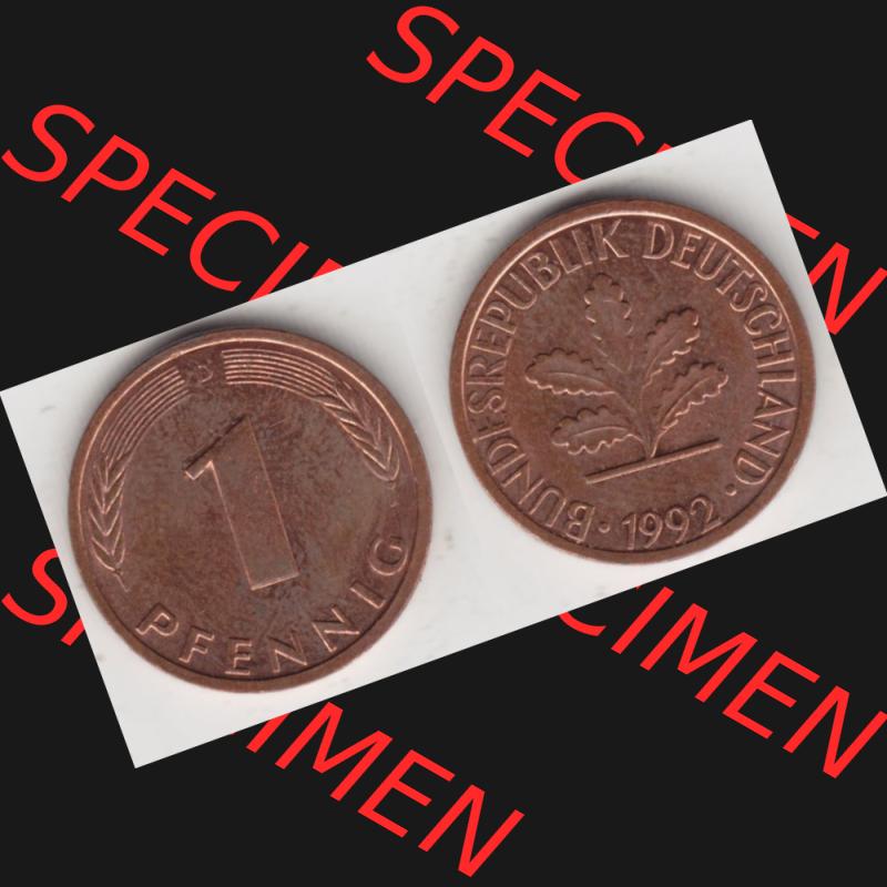 BRD Münze aus Deutschland 1950-2001, 1 Pfennig / 1 Pf. 1992 D - Vollansicht II.. Bild der Vorderseite und Rückseite einer 1 Pfennig Münze der Bundesrepublik... Sammlung