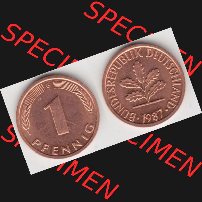 BRD Münze aus Deutschland 1950-2001, 1 Pfennig / 1 Pf. 1987 G - Vollansicht II.. Bild der Vorderseite und Rückseite einer 1 Pfennig Münze der Bundesrepublik... Sammlung