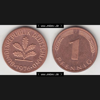 BRD Münze aus Deutschland 1950-2001, 1 Pfennig / 1 Pf. 1976 J - Vollansicht I.. Bild der Vorderseite und Rückseite einer 1 Pfennig Münze der Bundesrepublik... Sammlung