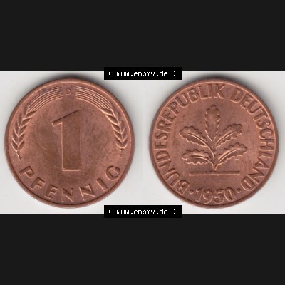 BRD Münze aus Deutschland 1950-2001, 1 Pfennig / 1 Pf. 1950 D - Vollansicht II.. Bild der Vorderseite und Rückseite einer 1 Pfennig Münze der Bundesrepublik... Sammlung
