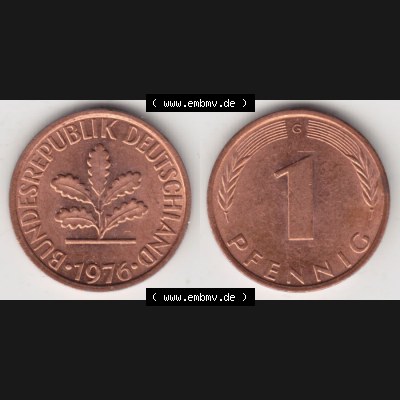 BRD Münze aus Deutschland 1950-2001, 1 Pfennig / 1 Pf. 1976 G - Vollansicht I.. Bild der Vorderseite und Rückseite einer 1 Pfennig Münze der Bundesrepublik... Sammlung