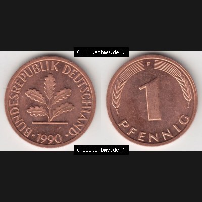 BRD Münze aus Deutschland 1950-2001, 1 Pfennig / 1 Pf. 1990 F - Vollansicht I.. Bild der Vorderseite und Rückseite einer 1 Pfennig Münze der Bundesrepublik... Sammlung