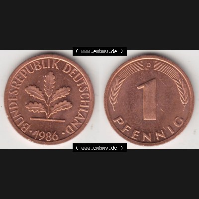 BRD Münze aus Deutschland 1950-2001, 1 Pfennig / 1 Pf. 1986 D - Vollansicht I.. Bild der Vorderseite und Rückseite einer 1 Pfennig Münze der Bundesrepublik... Sammlung
