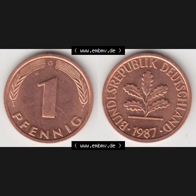 BRD Münze aus Deutschland 1950-2001, 1 Pfennig / 1 Pf. 1987 G - Vollansicht II.. Bild der Vorderseite und Rückseite einer 1 Pfennig Münze der Bundesrepublik... Sammlung