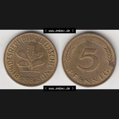 BRD Münze aus Deutschland 1950-2001, 5 Pfennig / 5 Pf. 1982 G - Vollansicht I. als Bildmaterial innerhalb vom online Katalog und online Datenbank für Münzen der BRD... Sammlung