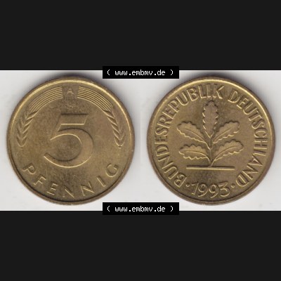 BRD Münze aus Deutschland 1950-2001, 5 Pfennig / 5 Pf. 1993 A - Vollansicht II. als Bildmaterial innerhalb vom online Katalog und online Datenbank für Münzen der... Sammlung