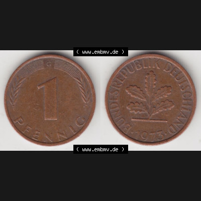 BRD Münze aus Deutschland 1950-2001, 1 Pfennig / 1 Pf. 1973 G - Vollansicht II.. Bild der Vorderseite und Rückseite einer 1 Pfennig Münze der Bundesrepublik... Sammlung