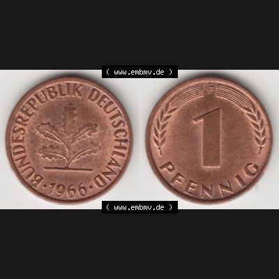 BRD Münze aus Deutschland 1950-2001, 1 Pfennig / 1 Pf. 1966 F - Vollansicht I.. Bild der Vorderseite und Rückseite einer 1 Pfennig Münze der Bundesrepublik... Sammlung