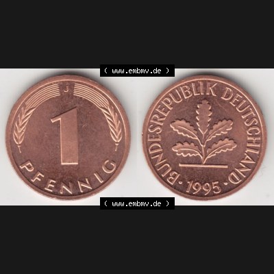 BRD Münze aus Deutschland 1950-2001, 1 Pfennig / 1 Pf. 1995 J - Vollansicht II.. Bild der Vorderseite und Rückseite einer 1 Pfennig Münze der Bundesrepublik... Sammlung