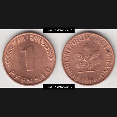 BRD Münze aus Deutschland 1950-2001, 1 Pfennig / 1 Pf. 1966 G - Vollansicht II.. Bild der Vorderseite und Rückseite einer 1 Pfennig Münze der Bundesrepublik... Sammlung