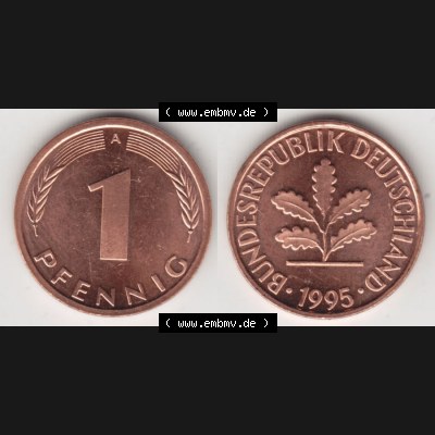 BRD Münze aus Deutschland 1991-2001, 1 Pfennig / 1 Pf. 1995 A - Vollansicht II.. Bild der Vorderseite und Rückseite einer 1 Pfennig Münze der Bundesrepublik... Sammlung