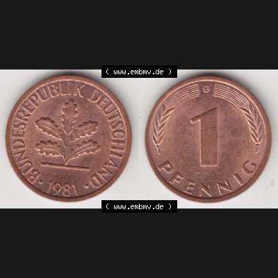 BRD Münze aus Deutschland 1950-2001, 1 Pfennig / 1 Pf. 1981 G - Vollansicht I.. Bild der Vorderseite und Rückseite einer 1 Pfennig Münze der Bundesrepublik... Sammlung