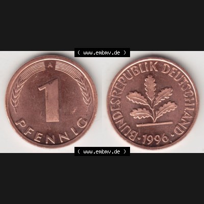 BRD Münze aus Deutschland 1991-2001, 1 Pfennig / 1 Pf. 1996 A - Vollansicht II.. Bild der Vorderseite und Rückseite einer 1 Pfennig Münze der Bundesrepublik... Sammlung